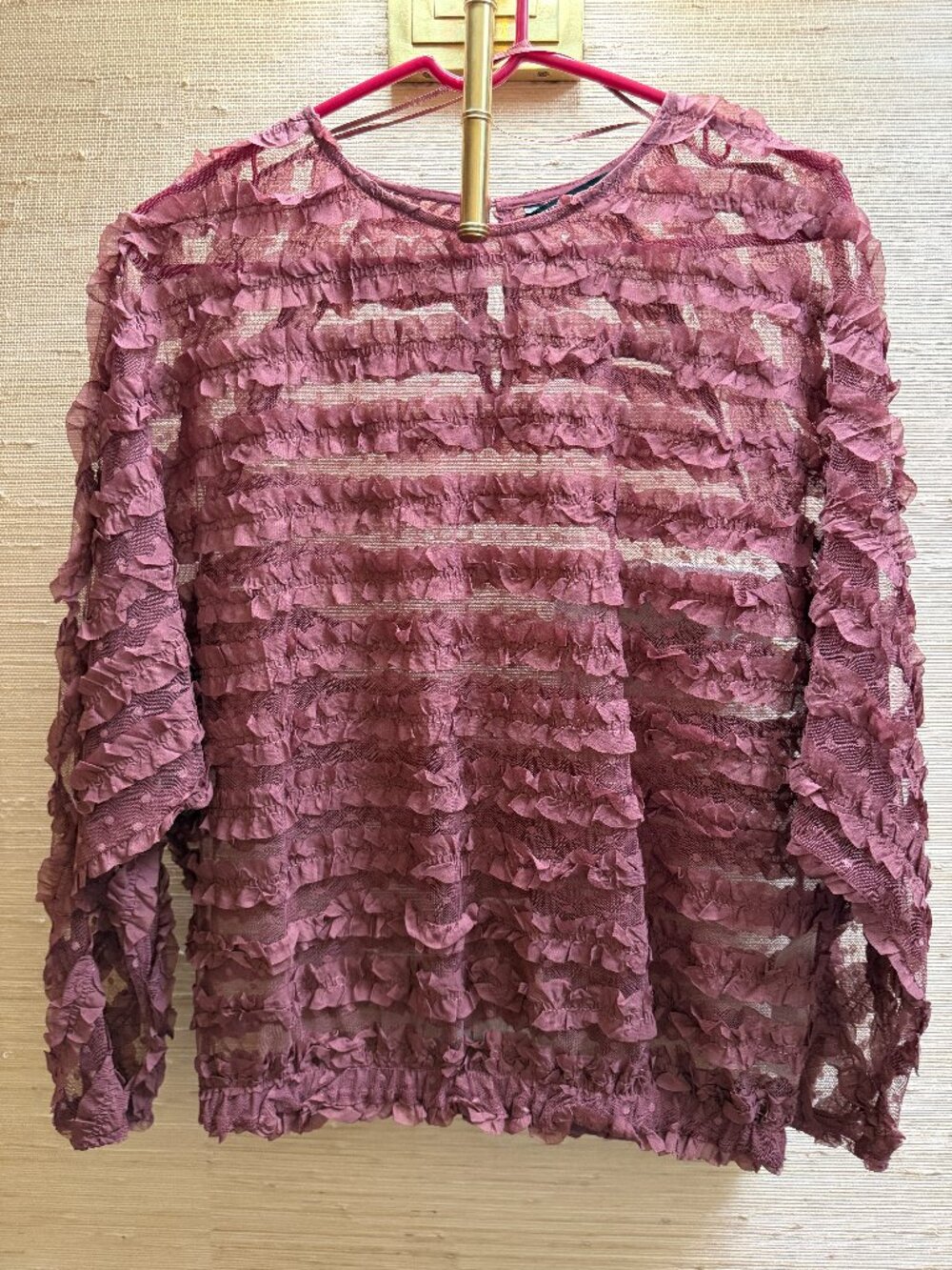 Zara Mauve Ruffle Mesh Sheer Long Sleeve Top Size M